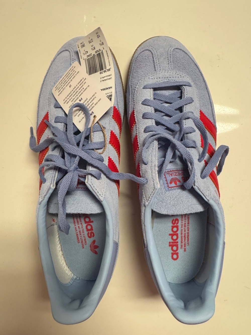 Women Adidas Light Blue Suede Sneakers with Red Stripes and Gum Sole - Picture 2 of 5